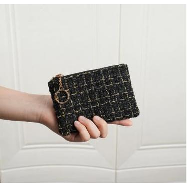 Imagem de Carteira feminina de couro genuíno com dobra dupla/tripla - Suporte minimalista para cartão de crédito com bloqueio de RFID e bolso para moedas, Preto, Casual