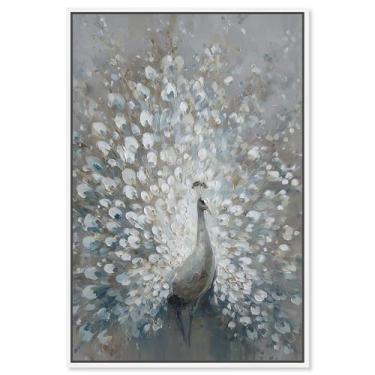 Imagem de Decoração de parede vintage com estampa de pavão branco I da Art Remedy, moldura branca, 40 x 61 cm
