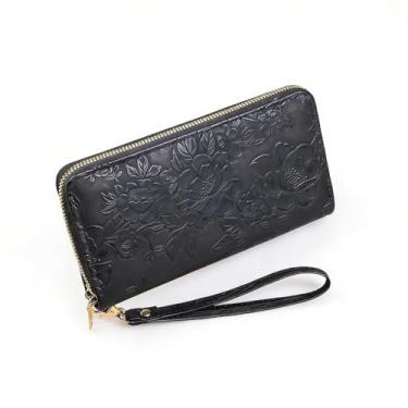 Imagem de Carteira feminina longa dobrável de couro com porta-cartões com fivela com zíper elegante clutch carteira feminina, Preto, Tendência