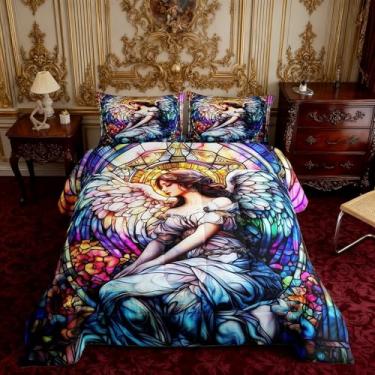 Imagem de Manfei Conjunto de edredom com 3 peças, tamanho Queen, decoração alternativa para quarto de adultos, flor em aquarela, microfibra ultramacia, enchimento interno, 3 peças