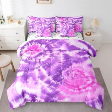 Imagem de Erosebridal Jogo de edredom King tie dye com estampa de redemoinho, geométrico, boêmio, cigano, aquarela, arco-íris, respirável, leve, roxo
