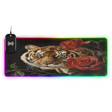 Imagem de CEBUGI Mouse pad de carregamento sem fio Animal Rose 15W mouse pad rápido para jogos com 14 iluminação LED RGB para jogos, PC, laptop, mesa 90,9 x 39,9 cm