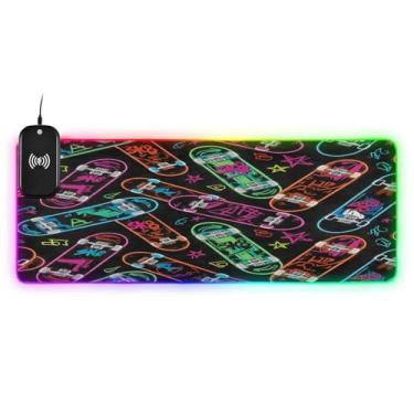 Imagem de CEBUGI Mouse pad de carregamento sem fio com imagem de skate 15W mouse pad rápido para jogos com 14 iluminação LED RGB para jogos, PC, laptop, mesa 80 x 30 cm