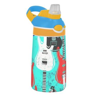 Imagem de Garrafa de água infantil Tritan de 473 ml, à prova de vazamento, 473 ml, com canudo, copos de viagem portáteis reutilizáveis para crianças, alça de transporte, guitarra elétrica legal