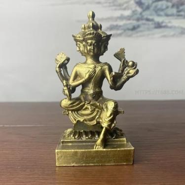 Imagem de FENNYYAR Ornamento de estátua de Buda de Brahma de cobre indiano de quatro faces, 9 cm, decoração de sala de estar para casa