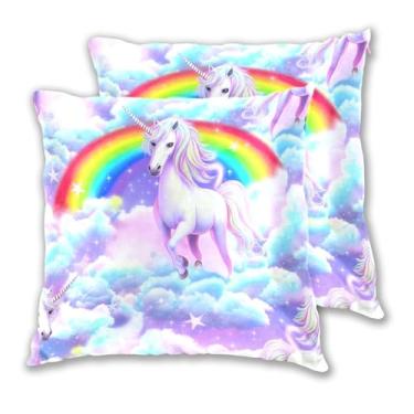 Imagem de Joitme Conjunto de 2 capas de almofadas de arco-íris vibrantes com nuvens de unicórnio, capas decorativas de travesseiro grande, 50 x 50 cm, 2 peças