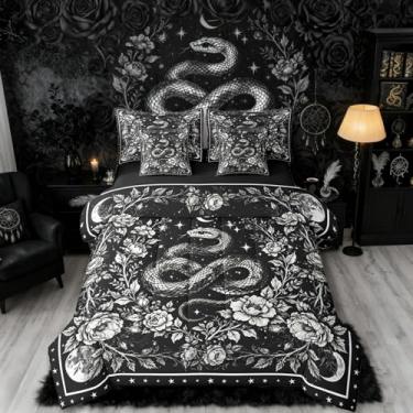 Imagem de Erosebridal Conjunto de edredom solteiro de cobra gótica com lençol | Conjunto de cama floral vintage de 7 peças, répteis tropicais, animais africanos, decoração gótica preta