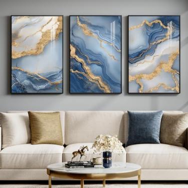 Imagem de Arte de parede abstrata emoldurada grande para sala de estar, 3 peças modernas de luxo azul dourado branco impressões pinturas para paredes, elegantes estampas de mármore para sala de jantar, quarto