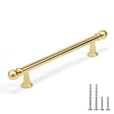 Imagem de YAGU Pacote com 10 puxadores de armário de cozinha de latão escovado 128 mm (5 pol.) Orifício central de cetim dourado maciço puxadores de gaveta ferragens para armário guarda-roupa armário vaidade