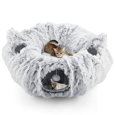 Imagem de Maxetodo Cama de gato túnel para gatos internos, túnel dobrável 3 em 1 com almofada lavável, caverna de gato Peekaboo com orelhas para gatinhos, filhotes e coelhos (cinza)