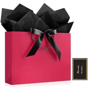 Imagem de JMANNI 1 bolsa de presente grande com fita e 1 cartão de felicitações, 2 papéis de seda, bolsa de presente de papel portátil com alças, sacos de presente de aniversário para festa de casamento, dia