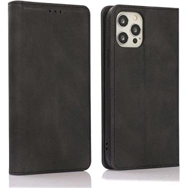 Imagem de MURVE Capa para iPhone 13/13 Mini/13 Pro/13 Pro Max, capa protetora para telemóvel carteira flip capa protetora à prova de choque com suporte para cartão alça de pulso (cor: preto, tamanho: 13pro 6,1