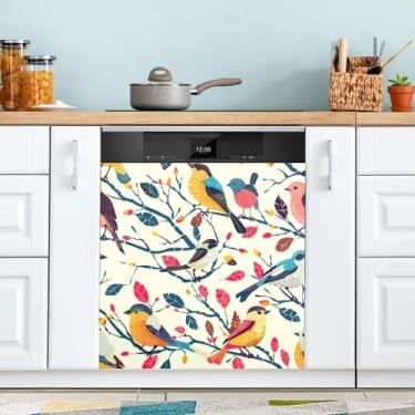 Imagem de xigua Pássaros coloridos em galhos capa magnética para lava-louças, adesivos magnéticos decorativos antiarranhões para painel de geladeira e lava-louças, decoração personalizada de cozinha doméstica