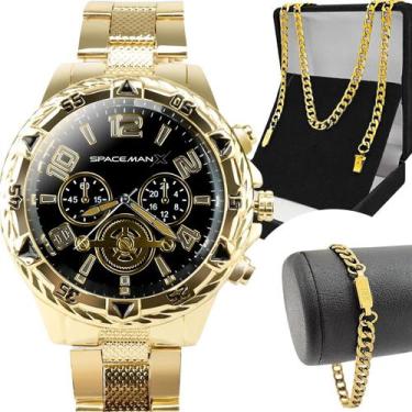Imagem de Relógio Masculino Casual Dourado Grande Aço Inox Cordão e Pulseira Cor