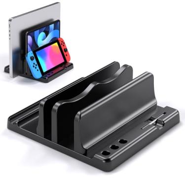 Imagem de GUUGEI Suporte vertical duplo para laptop, largura ajustável, 2 compartimentos, organizador de mesa compatível com MacBooks, tablets, laptops, todos os telefones, base de economia de espaço e rack de