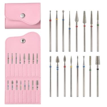 Imagem de KAZIPOP Suporte de brocas de unha de 16 furos com 16 peças kit de brocas de gel acrílico à prova de poeira portátil de poliuretano para armazenamento de brocas para removedor de cutículas (rosa)