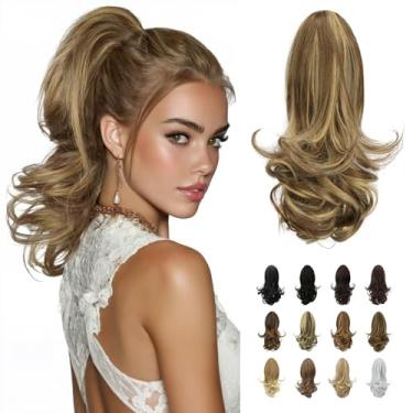 Imagem de Sofeiyan 33 cm extensão de rabo de cavalo longo encaracolado clipe em garra extensão de cabelo com aparência natural peruca sintética para mulheres, loiro clareador destacado cinza marrom