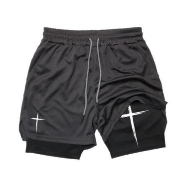 Imagem de Shorts De Corrida Masculinos 2 Em 1 Com Estampa Cruzada, Bolso Para Ce