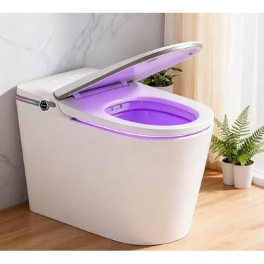 Imagem de Banheiro inteligente, bidê de uma peça para banheiros, vaso sanitário alongado moderno com água morna, descarga automática dupla, operação com sensor de pé, assento de bidê aquecido, vasos sanitários