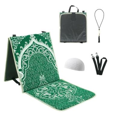Imagem de Qianliniuinc Tapete de oração portátil, tapete de oração dobrável com encosto, tapete de oração islâmica de 36 x 78 cm, inclui chapéu Kufi e 99 contas Tasbih, tapete de meditação para muçulmanos