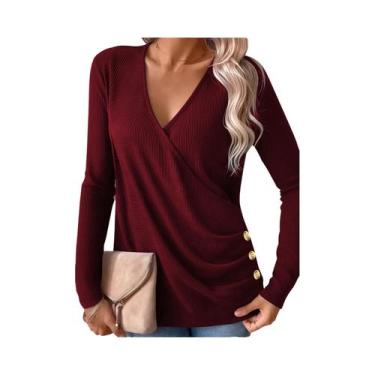 Imagem de Blusa Elegante plus Size Com Decote Em V E Botões, Camiseta De Manga L