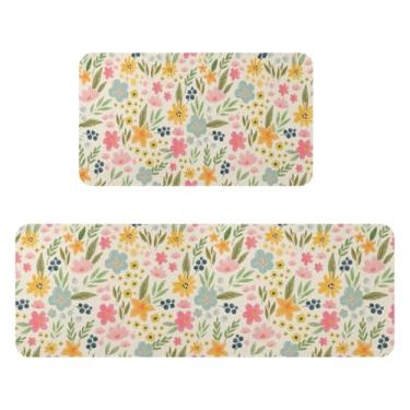 Imagem de Conjunto de 2 tapetes de cozinha florais de primavera para chão, rosa, amarelo, azul, amarelo, flor, Páscoa, férias, cozinha, antiderrapante, lavável, absorvente, verão, sazonal, cozinha, decoração
