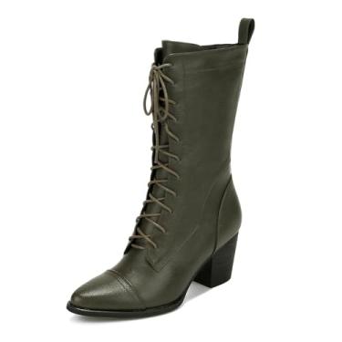 Imagem de UTIKLIOU Botas femininas de cano médio com cadarço botas de combate de couro com zíper lateral botas de inverno forro de pele sintética, Verde, 8.5