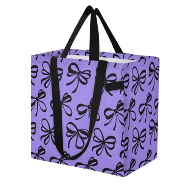 Imagem de SEHANY Sacolas de compras reutilizáveis com laço roxo fofo com alças reforçadas, bolsa de compras de lona dobrável à prova d'água de grande capacidade para viagem, cozinha, praia
