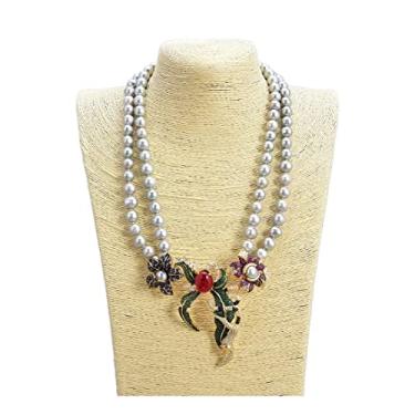 Imagem de Joias 53-55,88 cm 2 fios cinza redondo colar de pérolas pingente de flor pavimentada para mulheres