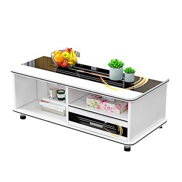 Imagem de U5GAAALPPQ9 Mesa de centro oblonga, prateleira de sala de estar e sala de estar com 4 bases de colunas, vidro temperado e lençol ecológico F (entrelaçamento preto e dourado)