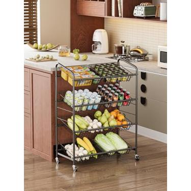 Imagem de Carrinho de Armazenamento de Cozinha com Rodinhas, Suporte de Metal para Frutas e Vegetais com Cesto Removível, Suporte para Carrinho com Rodas para Lanches e Micro-ondas