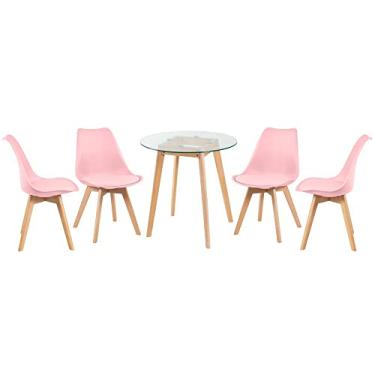 Imagem de Loft7, KIT - Mesa redonda com tampo de vidro 70 cm + 4 cadeiras Leda Rosa claro
