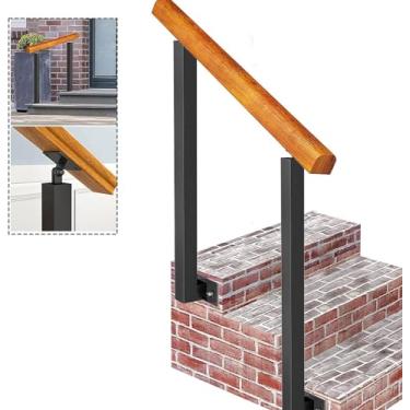 Imagem de Corrimão de escada ao ar livre com 2 postes de ferro forjado corrimão de madeira para 1 3 degraus trilho de escada de entrada para segurança (tamanho: 2 pés/60 cm Cor: 75 cm)