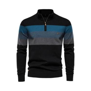 Imagem de Suéter Masculino De Algodão Com Zíper E Gola Alta, Estilo Casual Quent