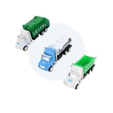 Imagem de 03 miniaturas caminhões lixo com fricção caminhão de entulho - BBR Toy