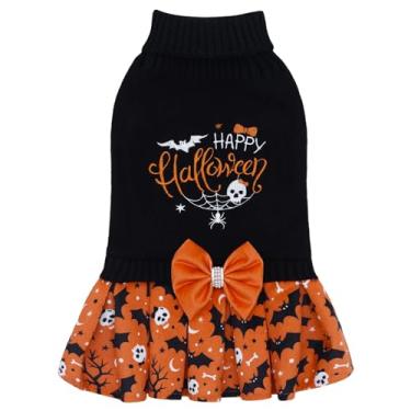 Imagem de CuteBone Vestido suéter de Halloween para cães médios e meninas, Happy Halloween bordado gola rolê para cachorro pequeno com gravata borboleta, roupas para animais de estimação para chihuahua Yorkie