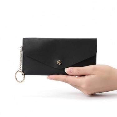 Imagem de Carteira feminina de couro genuíno com dobra dupla/tripla - Suporte minimalista para cartão de crédito com bloqueio de RFID e bolso para moedas, Preto, Casual