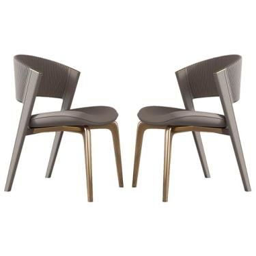 Imagem de Cadeiras de cozinha estofadas de meados do século - Conjunto de 2 | Cadeiras de jantar de couro sintético com pernas de metal | Cadeiras de hóspedes com detalhes modernos para sala de jantar