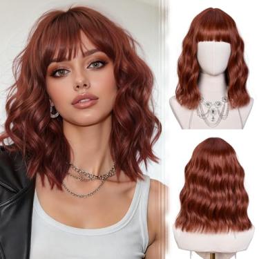 Imagem de Peruca Bob Ondulada com Franja para Mulheres Peruca Curta Ondulada Comprimento dos Ombros Cabelo Encaracolado Cabelo Sintético Macio Sedoso Perucas Pretas para Meninas Uso Diário Festa (Gengibre)