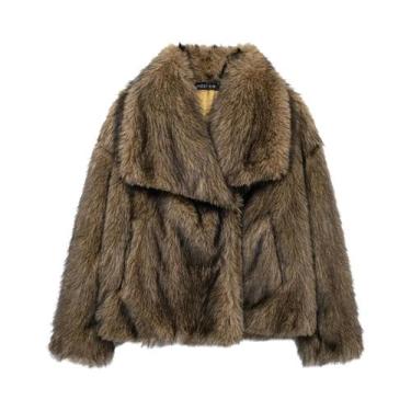 Imagem de Jaqueta De Pelo Sintético Marrom Para Mulheres, Com Decote Em V E Mang