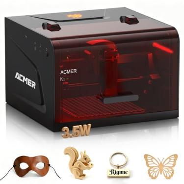 Imagem de ACMER Máquina de gravação a laser, K1 Desktop 3500mW Máquina de gravação a laser compacta, área de trabalho de 150 × 150 mm, ponto de gravação fino de 0,08 mm, cortador a laser para madeira