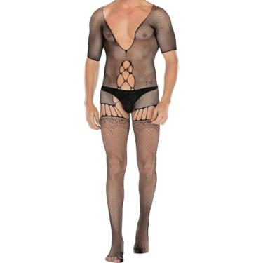 Imagem de Eagerlove Lingerie masculina sexy arrastão bodystocking malha vazada body elástico peça única para presente de dia dos namorados 003 B