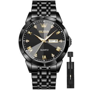 Imagem de OLEVS Relógio masculino masculino com mostrador azul/prata/dourado/preto/cinza, à prova d'água, aço inoxidável, casual, negócios, quartzo, diamante, relógio de luxo com dia e data, relógio preto