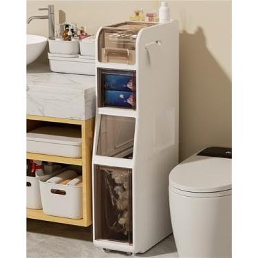 Imagem de Armário de armazenamento multifuncional com rodas - Organizador versátil para banheiro, cozinha e sala de estar com lixeira embutida - Solução móvel e econômica de espaço