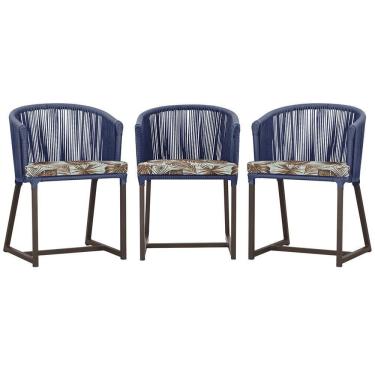 Imagem de 3 Cadeiras De Jantar Noronha Marrom Corda Náutica E6 Trama Azul