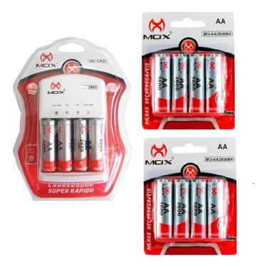 Imagem de Kit Carregador de Pilhas com 12 Pilhas AA 2600 mah Recarregáveis - Mox