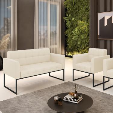 Imagem de Kit 1 Sofá Namoradeira e 1 Poltrona Elisa Linho Base Metálica Industrial Preto D03 - D'Rossi