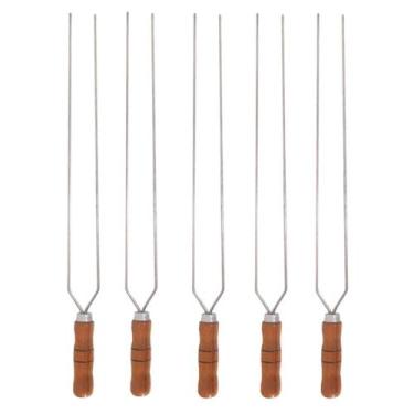 Imagem de 5 Espetos Duplo 50cm De Inox Com Cabo Madeira Churrasco - INOX LAURIND