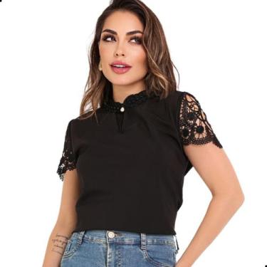 Imagem de Blusa Social Evangélica Feminina Renda Gola Pedrinhas - Look Modas Oct