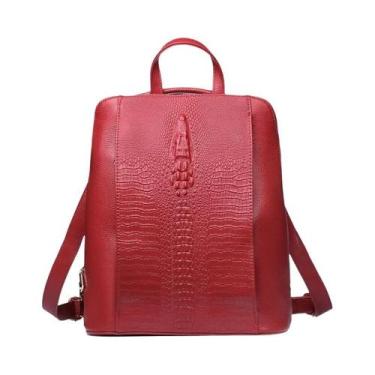 Imagem de Mochila Feminina De Couro Genuíno Branco Puro Com Padrão De Crocodilo,